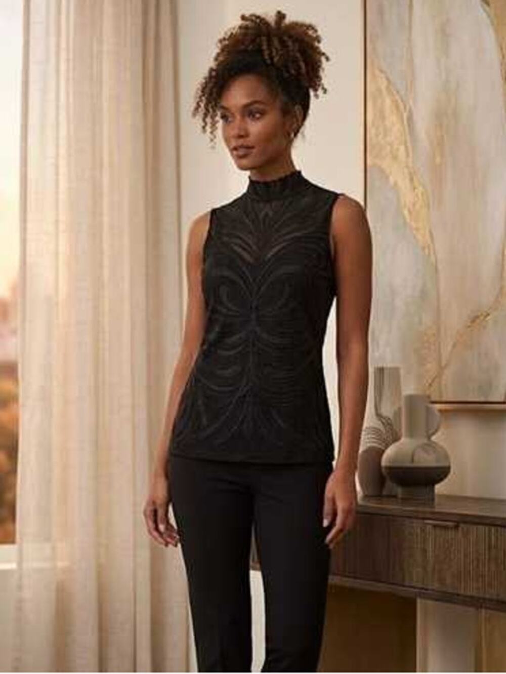 INC International Concepts Black Embroidered Sheer Mesh Mock Neck Top – XL